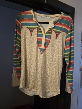 Crazy Train Cream Leopard & Multicolor Stripe Henley Top